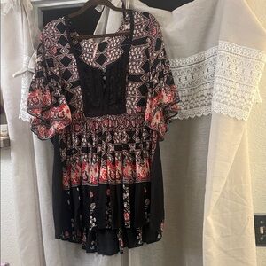 Free People Black and Red Patterned Blouse